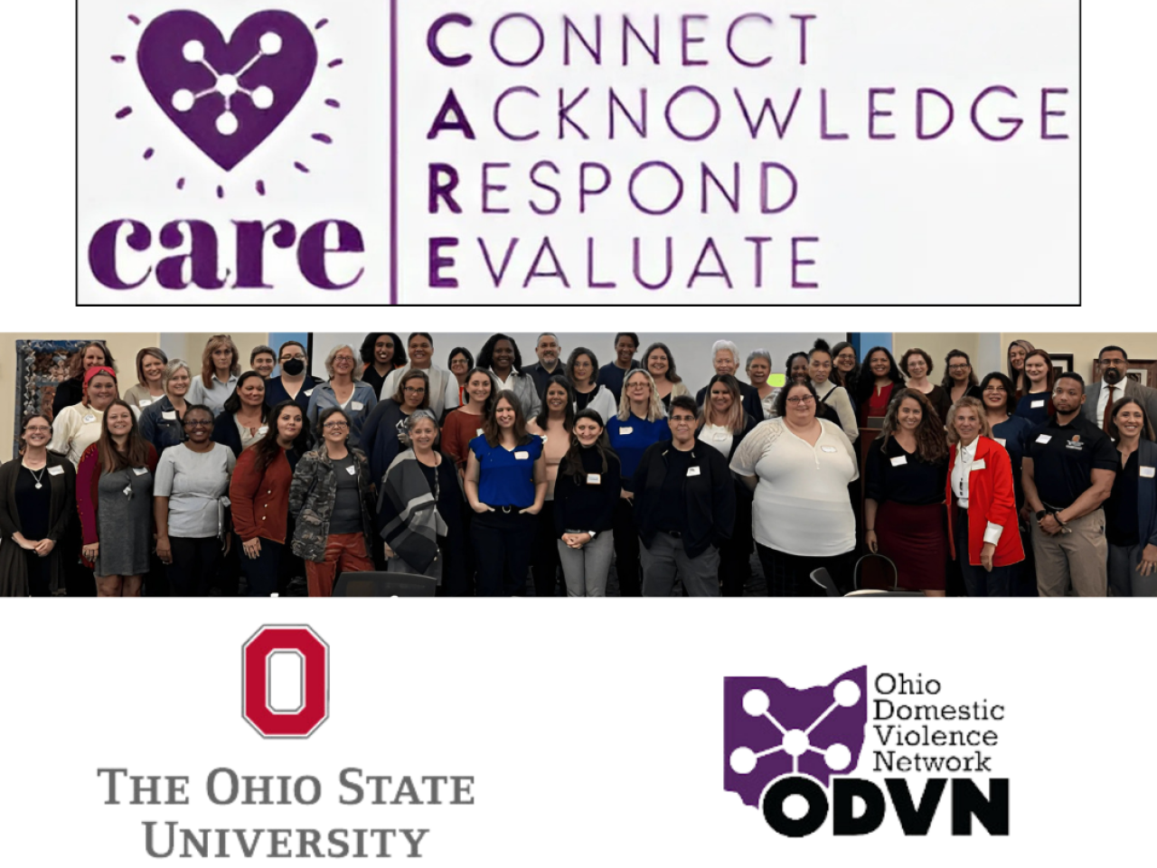 Brain Injury from Violence CARE Alliance flyer including lgoos for Ohio State and Ohio Domestic Violence Network, pictures of members, and CARE logo (connect, acknowledge, respond, and evaluate).