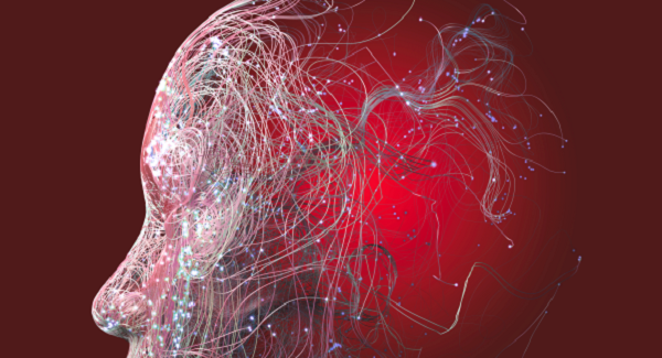 Profile of a head made of white wires sits over a deep red background