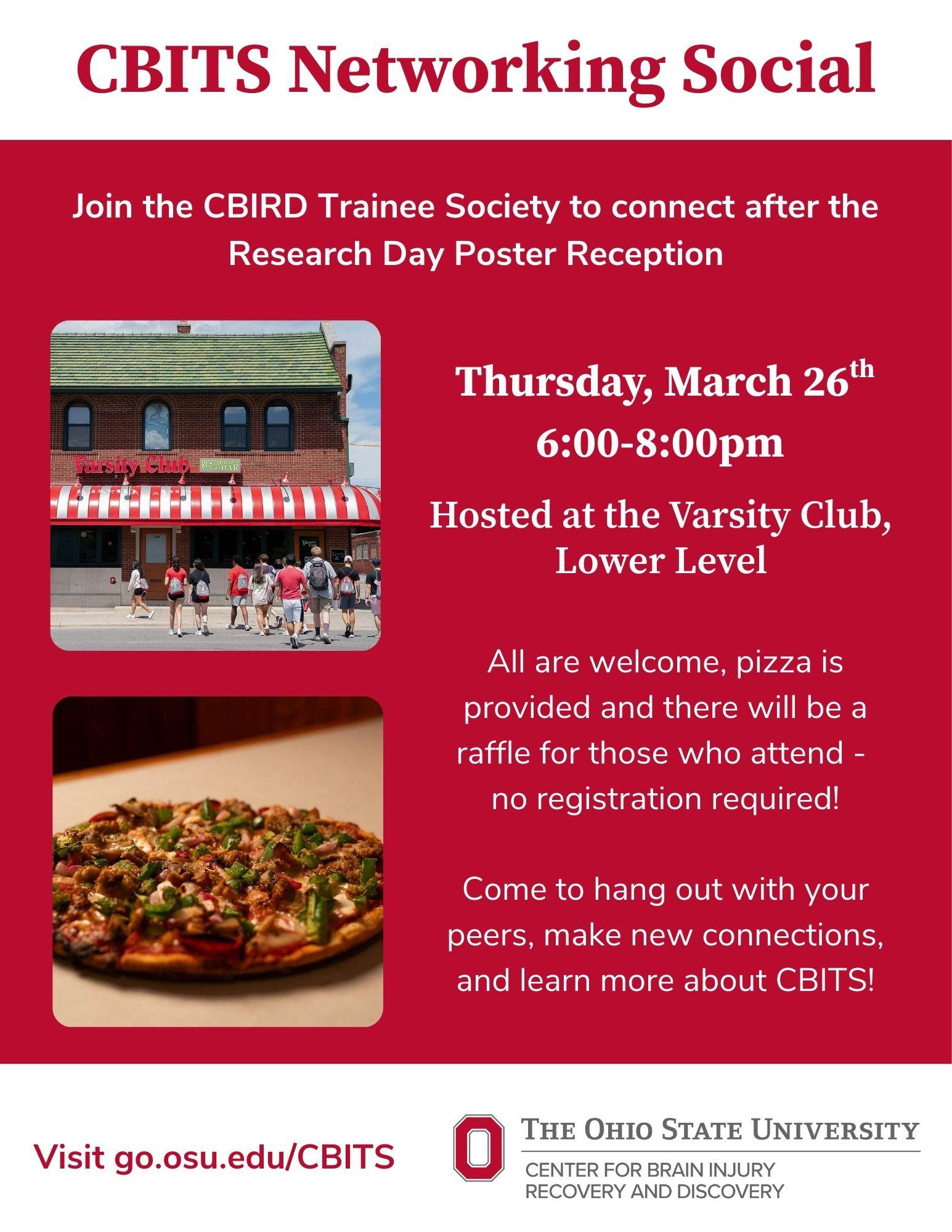 Flyer for the CBITS Networking Social at the Varsity Club on March 26, 2026, 6-8pm at the Varsity Club, Lower Level