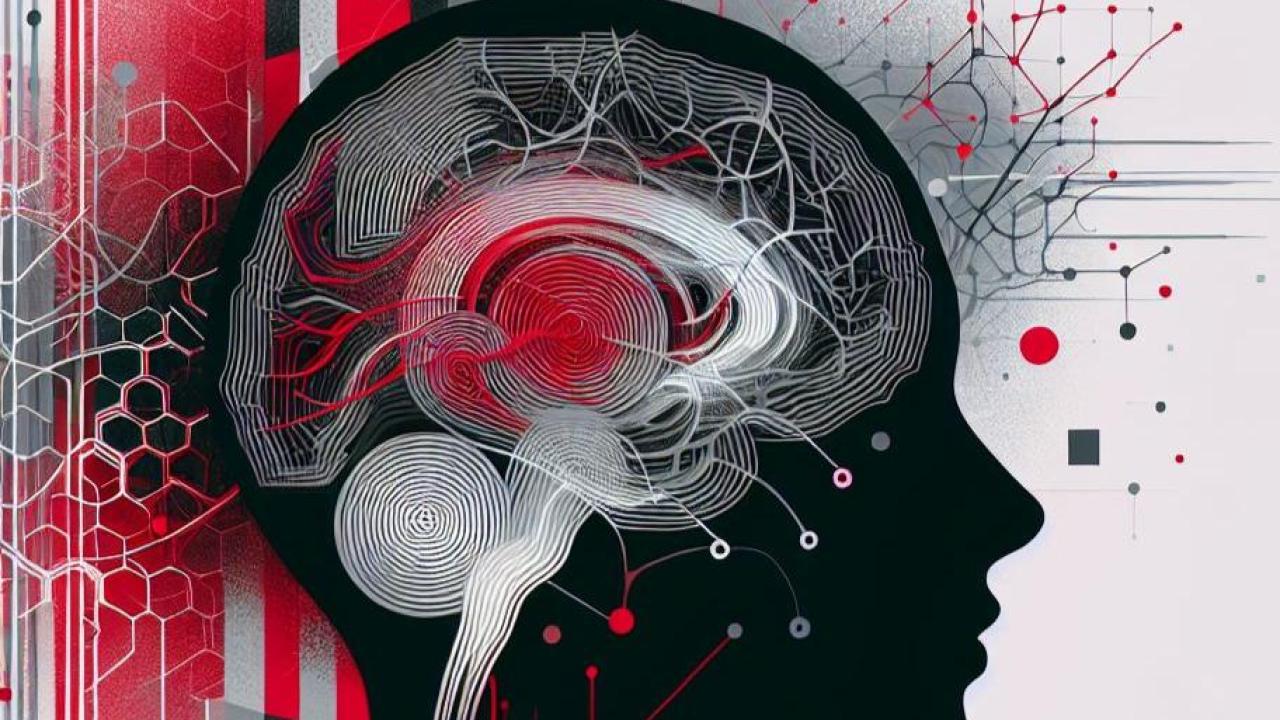 Silhouette of a head is superimposed over red and black graphics with a red and white brain highlighted